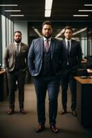 Plus size african american men, business workers in office. Manager in business suit full length. AI generative photo