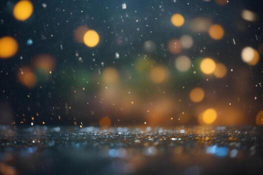 Raining blurred background with bokeh lights. AI generative photo