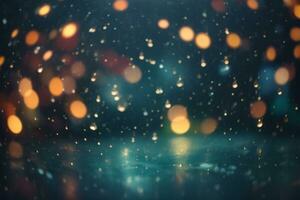 Raining blurred background with bokeh lights. AI generative photo