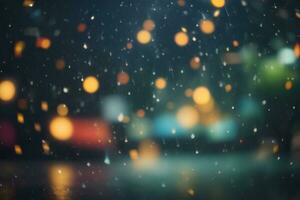 Raining blurred background with bokeh lights. AI generative photo