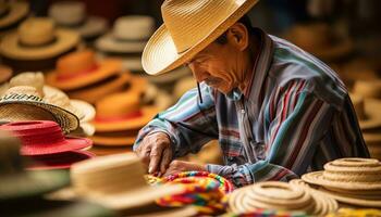 a man in a hat is selling colorful items Ai Generated photo