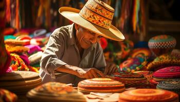 a man in a hat is selling colorful items Ai Generated photo