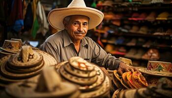 un hombre en un sombrero es de venta vistoso artículos ai generado foto