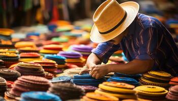 a man in a hat is selling colorful items Ai Generated photo