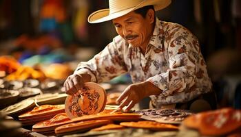 un hombre en un sombrero es de venta vistoso artículos ai generado foto