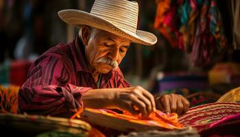 un hombre en un sombrero es de venta vistoso artículos ai generado foto