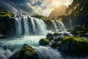 Skogafoss waterfall in Iceland, Europe. Artistic style post processed photo, Perfect view of famous powerful Gljufrabui cascade in sunlight. Dramatic and gorgeous scene. Unique, AI Generated photo