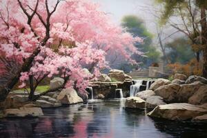 Cereza flores y cascada en el parque, de cerca de foto, pintura de un japonés jardín con sakura árbol ultra realista fotorealista realismo, ai generado foto