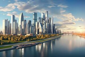 Panoramic view of modern city with skyscrapers and river, Panoramic view of Moscow-City and Moscow River. International business center in the daytime, AI Generated photo