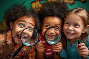 sonriente multicultural niños con aumentador vaso mirando a cámara aislado en verde, grupo de jardín de infancia niños amigos participación el aumentador lentes para explorar, parte superior sección recortado, ai generado foto