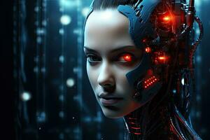 3d representación de un hembra cyborg con rojo ojos y oscuro fondo, Hola tecnología robot cerca arriba ver retrato en un digital fondo, ai generado foto