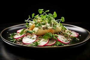 Potato salad with radish and microgreens on black background, Healthy salad filled with micro greens and turnips, AI Generated photo