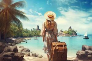 joven mujer viajero con maleta y sombrero en el playa. viaje concepto, contento viaje mujer en vacaciones concepto. mujer posterior vista, ai generado foto