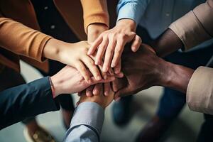 Group of business people putting their hands together. Teamwork concept, Group of diverse hands holding each other support together teamwork aerial view, AI Generated photo