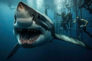 Great White Shark swimming underwater with divers in the background. 3D Rendering, Great white shark showing its teeth in front of divers in a diving cage, AI Generated photo