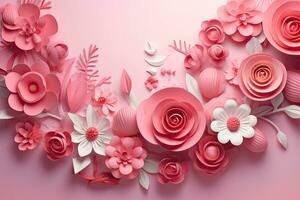 3d render of paper flowers on pink background with copy space, Happy Mothers Day modern banner design, AI Generated photo