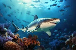 imagen muestra un tiburón a el fondo de un tropical coral arrecife, genial blanco tiburones caza en diferente posiciones en un blanco fondo, lleno cuerpo vista, ai generado foto