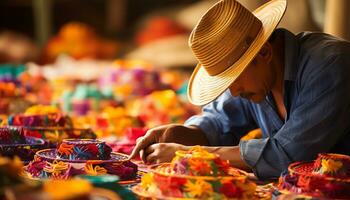 un hombre en un sombrero trabajando en un sombrero ai generado foto