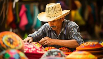 un hombre en un sombrero trabajando en un sombrero ai generado foto