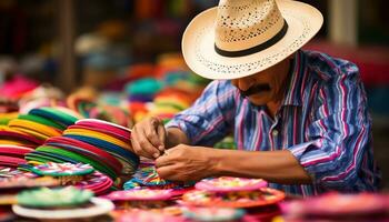 un hombre en un sombrero trabajando en un sombrero ai generado foto