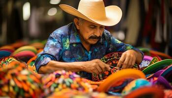 un hombre en un sombrero trabajando en un sombrero ai generado foto