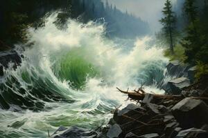 hermosa cascada en el montañas. vistoso pintura en lienzo, impresionismo pintura de de marea ola y bosque chocando en naturaleza, ai generado foto