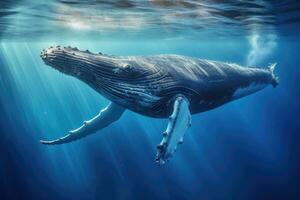 jorobado ballena en profundo azul océano. 3d representación, jorobado ballena nadando submarino en azul agua. marina vida, ai generado foto