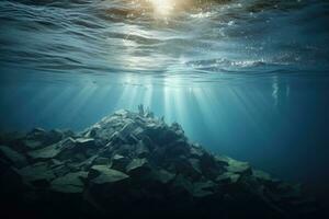 Underwater view of the rocks in the sea. 3d rendering, iceberg with above and underwater view, AI Generated photo