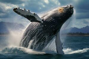 Humpback whale splashing out of the water in the pacific ocean, Humpback whale jumping out of the water, AI Generated photo