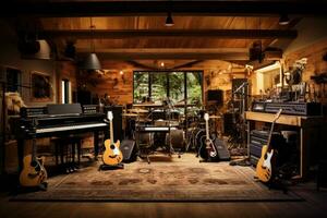 Musical instruments in a recording studio. Guitar, piano and electric guitar, Indoor recording studio with guitars amps and pianos, AI Generated photo