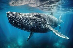 ballena en el profundo azul océano. fauna silvestre escena desde naturaleza, jorobado ballena submarino en el caribe, ai generado foto