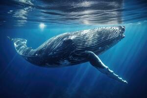 jorobado ballena nadando submarino en profundo azul océano. esta imagen es un 3d hacer ilustración, jorobado ballena nadando en profundo azul océano. submarino fotografía, ai generado foto