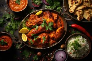 Chicken tikka masala or chicken tikka, popular Indian food recipe, served in a bowl or plate. Selective focus, Indian food feast with chicken tikka masala curry, tandoori chicken, AI Generated photo