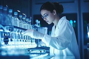 Attractive female scientist working in laboratory. Science and technology concept, In Bio Technological Laboatory Female Research Scientist Analyzes Test Tube in Medical Machine, AI Generated photo