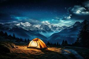 cámping en el montañas a noche. elementos de esta imagen amueblado por nasa, iluminado acampar tienda debajo un ver de el montañas y un estrellado cielo, ai generado foto