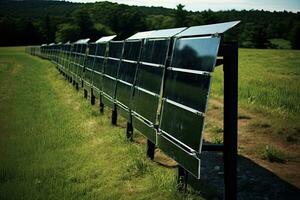 Solar panels in a row in the countryside. Green energy concept, House fence made of solar panels, AI Generated photo