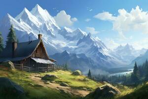 Beautiful mountain landscape with a wooden church in the mountains. Digital painting, Create a beautiful mountain scene with a log home on the side of a rugged mountain that has snow, AI Generated photo