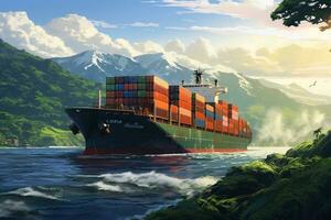 carga Embarcacion en el mar a puesta de sol. 3d ilustración, ilustración de un envase Embarcacion paso mediante el Panamá canal, ai generado foto