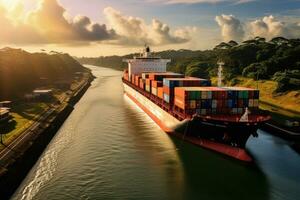 aéreo ver de envase Embarcacion en el Panamá canal a atardecer, envase Embarcacion paso mediante el Panamá canal, ai generado foto