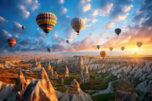 Hot air balloons flying over Cappadocia, Turkey, Hot air balloons flying over spectacular Cappadocia, AI Generated photo