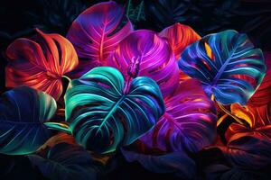 Monstera Deliciosa leaves in neon light. Colorful tropical background, Creative fluorescent color layout made of tropical leaves, AI Generated photo