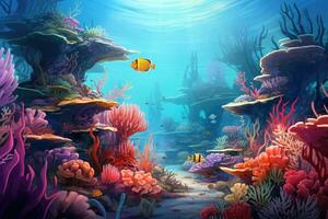 Underwater world with corals and fish. Underwater world, Coral garden seascape and underwater world, AI Generated photo