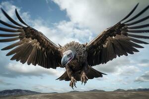 grifón buitre volador en el cielo. 3d representación, enorme buitre en vuelo, bajo ángulo vista, ai generado foto