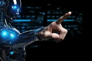 Cyborg woman touching screen with finger on dark background 3D rendering, Cyber digital world android robot pointing finger computer coding AI chatbot background, AI Generated photo