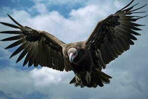 grifón buitre gyps fulvus en vuelo, enorme buitre en vuelo, bajo ángulo vista, ai generado foto