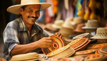an old man in a hat is working on a string of yarn Ai Generated photo