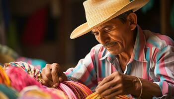 an old man in a hat is working on a string of yarn Ai Generated photo