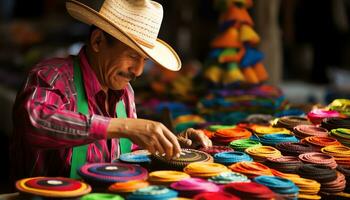 an old man in a hat is working on a string of yarn Ai Generated photo