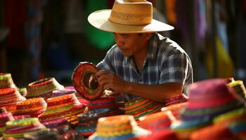 un antiguo hombre en un sombrero es trabajando en un cuerda de hilo ai generado foto