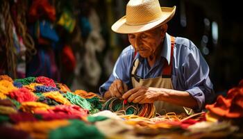 an old man in a hat is working on a string of yarn Ai Generated photo